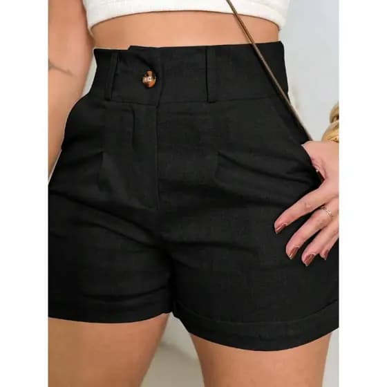 Short Linho Feminino Cintura Alta Bolso Faca Elegante Confortavel