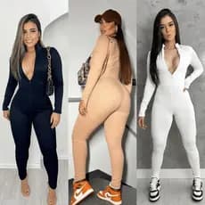 Macacão Longo Canelado 3D Premium Zíper Frontal Virgínia Moda Gringa Manga Longa