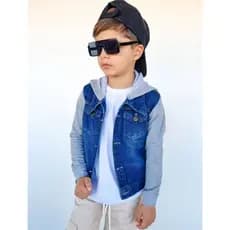 Jaqueta infantil juvenil masculina jeans com manga e capuz em moletom Promoção