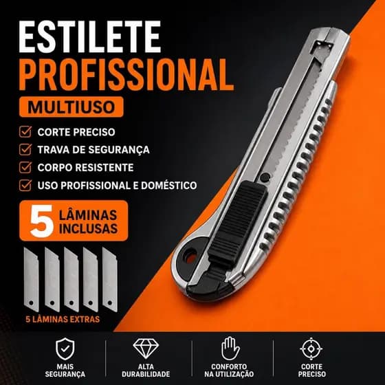 Estilete Profissional Multiuso em Metal com Trava de Segurança + 5 Lâminas Inclusas para Papelão, Papel, Plástico e Arte
