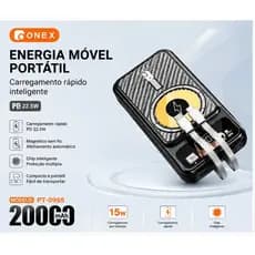Bateria Portátil Power Bank 20.000mAh 22.5W PD Alta Velocidade Magnético com cabo embutido O N E.X PT-0965
