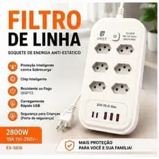 Filtro de Linha 8 Tomadas + 3 USB PD/QC 30W | Cabo 2M | Proteção Inteligente Anti-Surto EX-5616