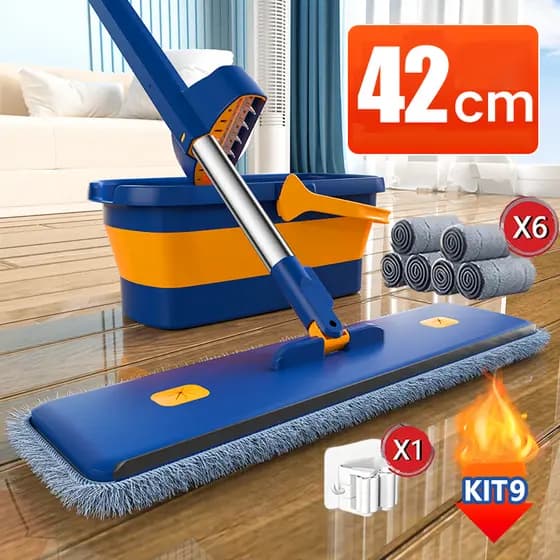 KIT 9 Esfregão - Limpa SEM ENXÁGUE (Seco/Úmido) + Balde Dobrável com Raspador (Absorve Tudo!)
