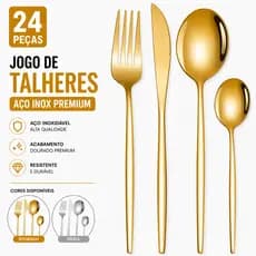 Jogo de Talheres 24/48 Peças Luxo para Mesa PostaFaqueiro Dourado  em Aço Inox Premium