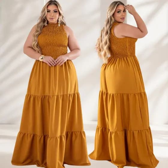 Vestido Longo Plus Size Gola Alta Lastex Feminino Moda Evangélica Gola Alta Elegante Casual Chic Confortavel.