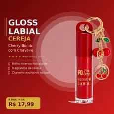 Gloss Labial Cereja Chaveiro Cherry Bomb Brilho Hidratante Lábios Rosa Macio