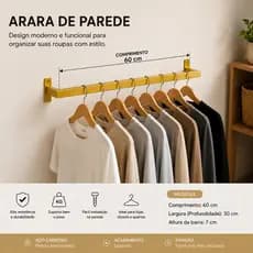 "Arara de Parede Dourada 60 cm - Closet, Cabideiro, Suporte Roupas, Organizador de Roupas Moderno"