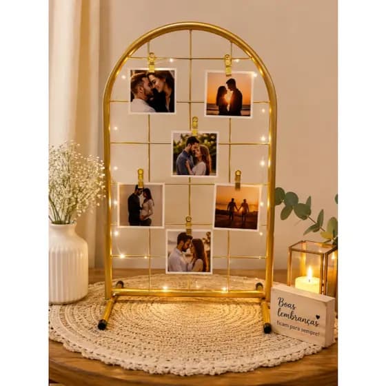 Arco Aramado Dourado de Mesa Desmontável Porta Fotos Balões Recados LED Decoração Festa Aniversário Casamento