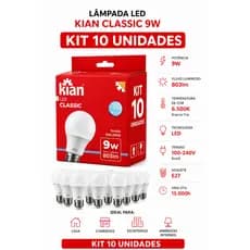 Kit 10Lâmpadas LED Bulbo 9W Bivolt 127v/220v 6500k Kian Alta Potência Com Bocal E27 Luz Branco Frio