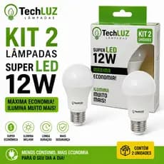 Kit 2 Lâmpadas Led Bulbo 12W 6500k Branco Frio E27 TechLuz Luz Branca