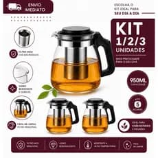 Chaleira de Vidro 950ml 1/2/3 com Infusor Filtro Inox Removível para Chá Camomila Hibisco Chá Verde Bule