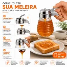 Meleira de Vidro com Dosador Transparente 293ml Porta Mel com Tampa e Alça Cromada