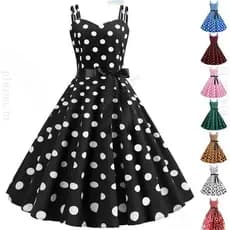 GUOJH Vestido de Verão Vintage Anos 50 60 com Alças Finas e Estampa de Bolinhas IEHW