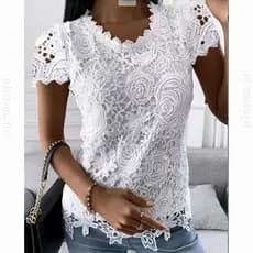 Camisa Elegante de Verão em Renda, Manga Curta, Casual, Gola Redonda, Branca, Tamanho Grande ZCAY