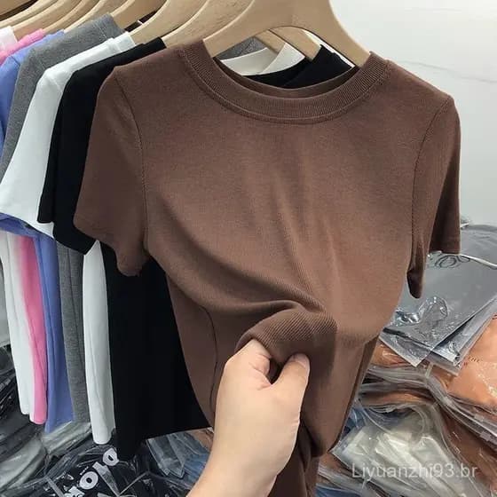 Camiseta Feminina de Manga Curta / Cor Sólida / Estilo Francês / Corte Justo / Design NJDO