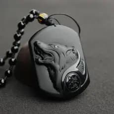 Cordão Com Pingente De Corrente De Cabeça De Lobo Preto Obsidiana/VDNG