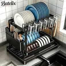 Escorredor de Louças Preto em Aço Carbono - Organizador de Cozinha, Rack para Pratos e Copos, Dreno e Secagem