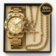 Kit Relógio Masculino Original + Corrente Cruz Banhado a Ouro 18k + Pulseira Luxo