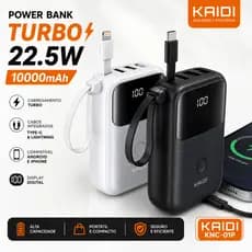 Power Bank Kaidi Turbo 10000mAh 22.5W Carregador Portátil Com Cabos Integrados Type-C Lightning