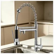 Torneira Gourmet Cozinha Bancada Monocomando Grande com Mola Flexível Ducha Duo Spray 2 Jatos Acabamento Prata Brilhante