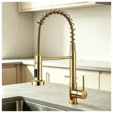 Torneira Gourmet Cozinha Pia Dourada Inox Giratório 360°, Bancada Monocomando Misturador Grande Mola 2 Jatos Spray