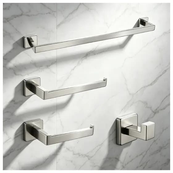 Kit Acessórios Para Banheiros 4 Peças Quadradas Inox Escovado com Toalheiro, Porta Papel e Gancho – Instalação na Parede
