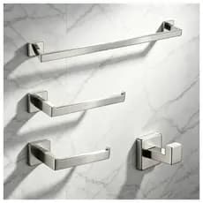 Kit Acessórios Para Banheiros 4 Peças Quadradas Inox Escovado com Toalheiro, Porta Papel e Gancho – Instalação na Parede