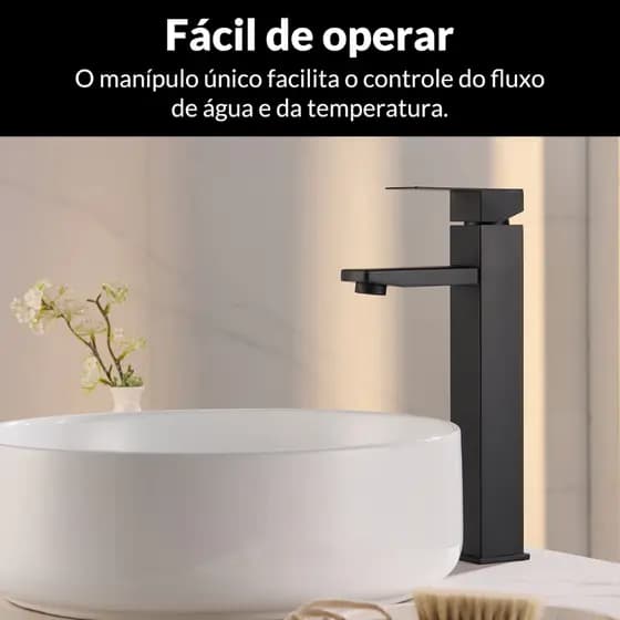 Torneira Inox Banheiro Bica Alta Preta Fosca Bancada Monocomando Quente Frio 30cm com Arejador Clássico