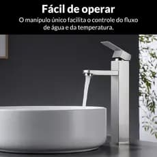 Torneira Banheiro Aço Inoxidável Escovado Quadrada Bica Alta Bancada Monocomando Quente Frio 30cm com Arejador Moderno