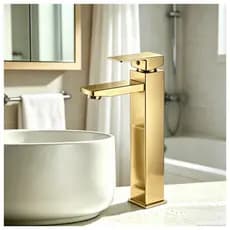 Torneira Banheiro Bica Alta Dourado Escovado Quadrada Bancada Monocomando Quente Frio 30cm com Arejador Luxuoso