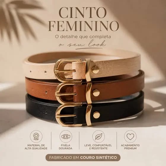 Kit 3 Cinto Feminino Elegante com Fivela Dourada  Branco /Preto/Caramelo Tendencia Sempre Estilosa