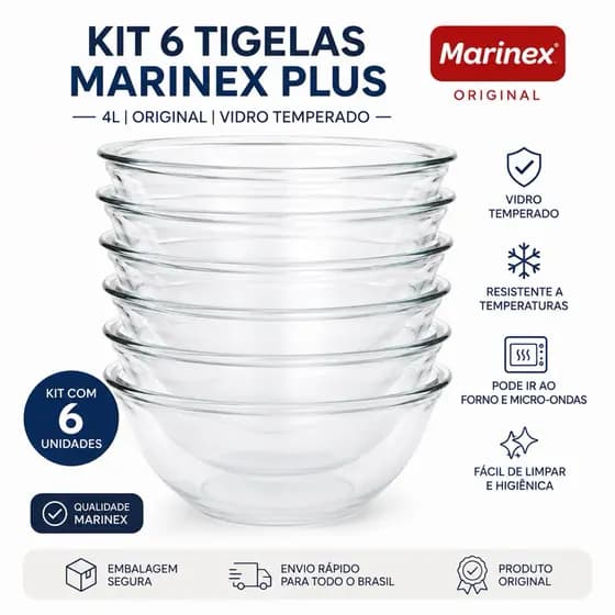 Kit 6 Tigelas Marinex Plus 4L Original Vidro Temperado Sem Tampa