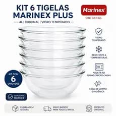 Kit 6 Tigelas Marinex Plus 4L Original Vidro Temperado Sem Tampa