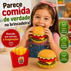 Kit Brinquedo Infantil Hambúrguer Monta e Desmonta Comida Fast Food com Batata Frita Faz de Conta Cozinha Infantil