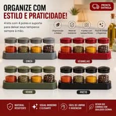 Kit Porta Condimentos 4 Potes com Suporte Organizador de Temperos Plástico Transparente para Cozinha Escolha a Cor