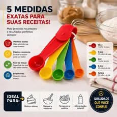Kit 5 Colheres Medidoras Coloridas Medidor Culinário Plástico Resistente Confeitaria Cozinha 1,25ml 2,5ml 5ml 7,5ml 15ml