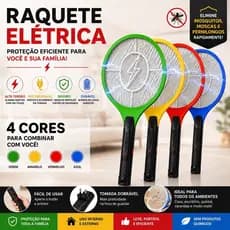 Kit Raquete Elétrica Mata Mosquitos Recarregável Bivolt 110V/220V Alta Potência Mata Moscas Pernilongos Insetos Colorida