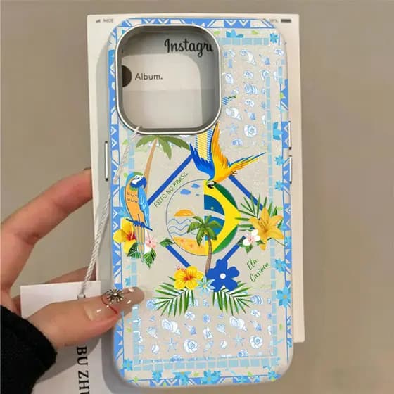 Textura de couro macio Capinha para iPhone 17/16/15 Pro Max Capa Arara Bandeira Brasil Tropical Textura Anti-Derrapante
