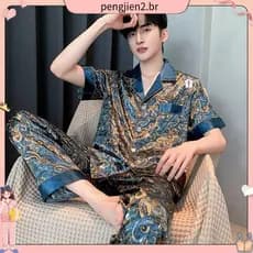 Pijama De Seda Gelo Masculino Calças De Manga Curta Masculino Juventude 2026 Conjunto De Homewear Masculino