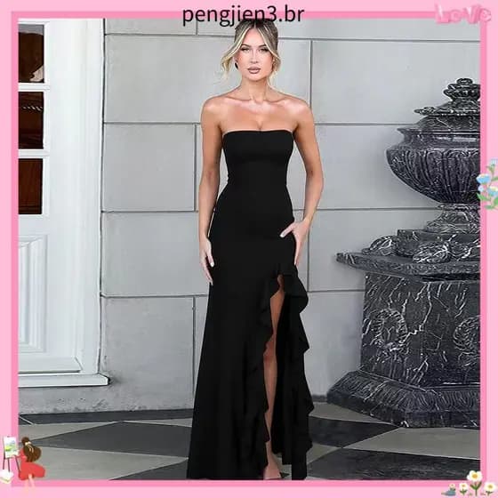 Novo Vestido Sem Alças Com Bordas Franzidas E Fenda Lateral , Elegante Sofisticado Para Uso Noturno .