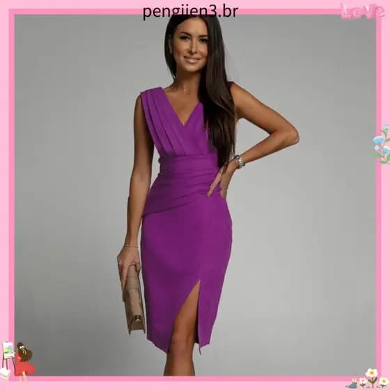 Novo Vestido Feminino de Pescoço em V sem mangas com cintura alta dividida