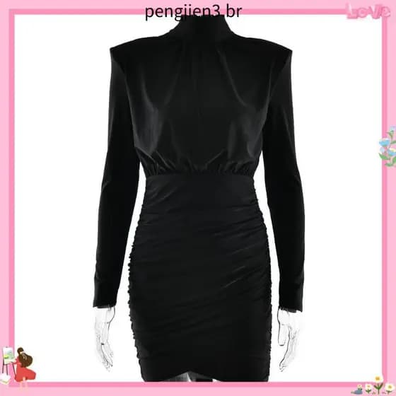 Vestido elegante estilo local de trabalho, gola alta, manga comprida, cintura estreita, aparência mais fina, quadril Irr