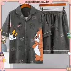 Pijamas masculinos calças de manga curta dia fino estudante dos desenhos animados juventude masculino Plus Size Loungewe
