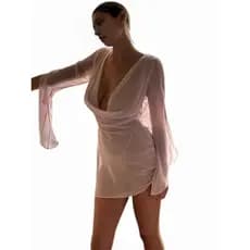 Verão novo estilo europeu americano senhoras saia curta tecido transparente gola oscilante manga longa grande Halter cin