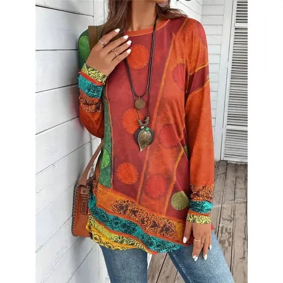 Estilo europeu americano primavera outono senhoras de manga comprida camiseta em torno do pescoço Retro impresso moda Ca