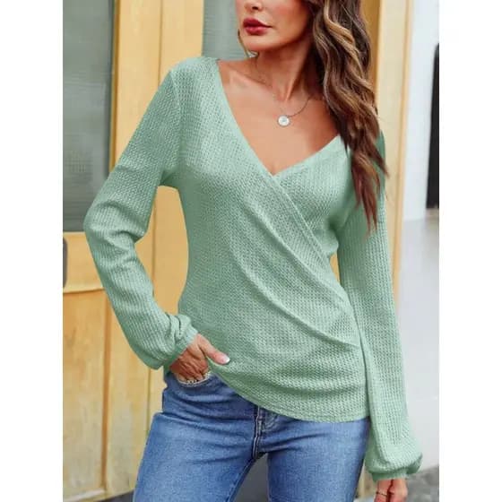 Estilo europeu americano senhoras malha topo grande decote em V Waffle confortável tecido lanterna manga blusa primavera