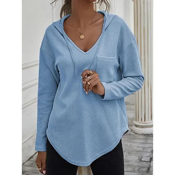 Estilo europeu americano senhoras com capuz de manga comprida moletom Waffle tecido xadrez impressão moda Casual camiset
