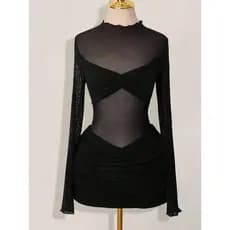 Vestido curto elegante de manga comprida estilo europeu americano, vestido de jantar de gaze transparente