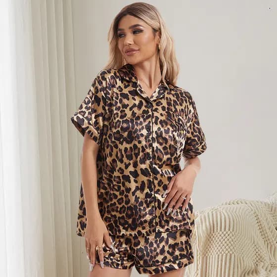Pijamas femininos, roupa de casa, conjunto casual com estampa de leopardo, primavera/verão, com gola, tamanho grande, sh
