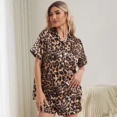 Pijamas femininos, roupa de casa, conjunto casual com estampa de leopardo, primavera/verão, com gola, tamanho grande, sh